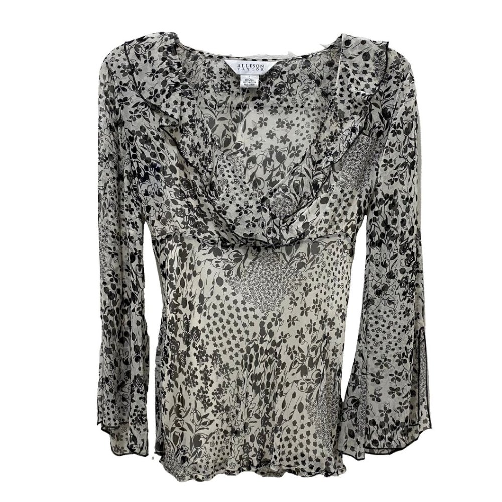 ALLISON TAYLOR Women's 100% Silk Ruffle Blouse Black White Floral Lined Large
